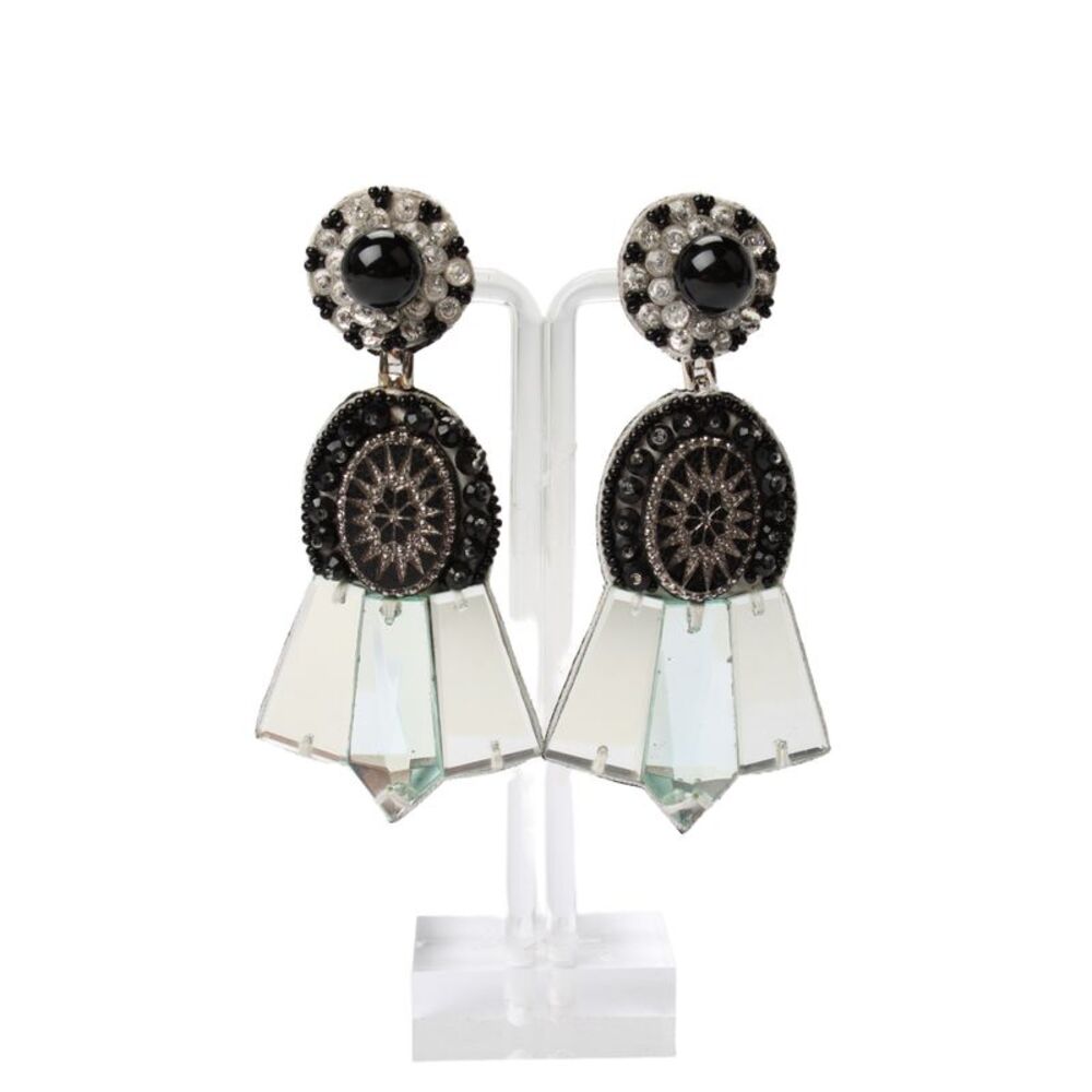 Ranjana Khan Womens Silver Tone Crystal Art Deco ClipOn Dangle Earrings